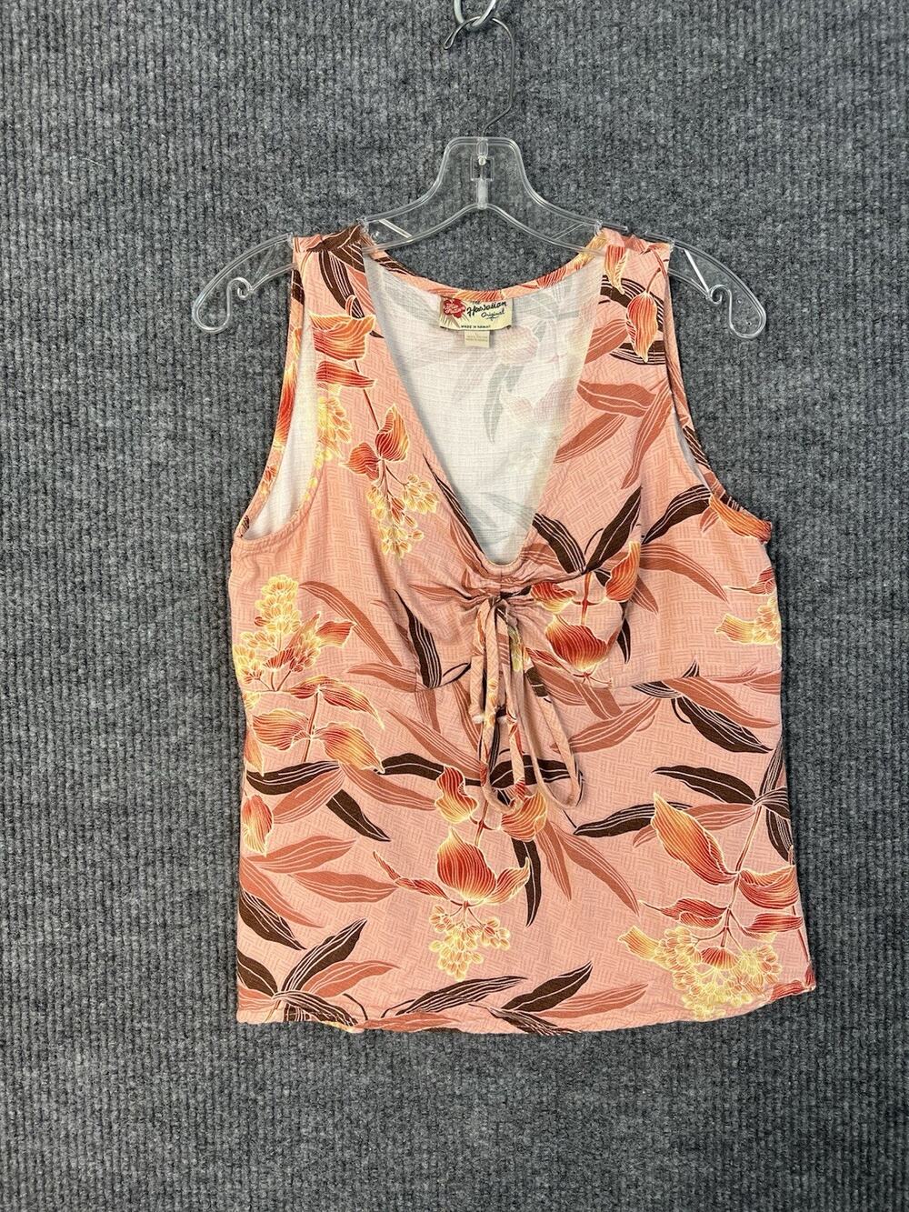 Hilo Hattie Tank Top Womens Large Tie Front V Neck Pink Floral Tropical Rayon